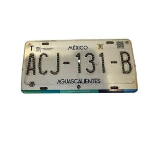 Authentic Mexican License Plate ACJ-131-B Aguascalientes Mexico Teal Accenté